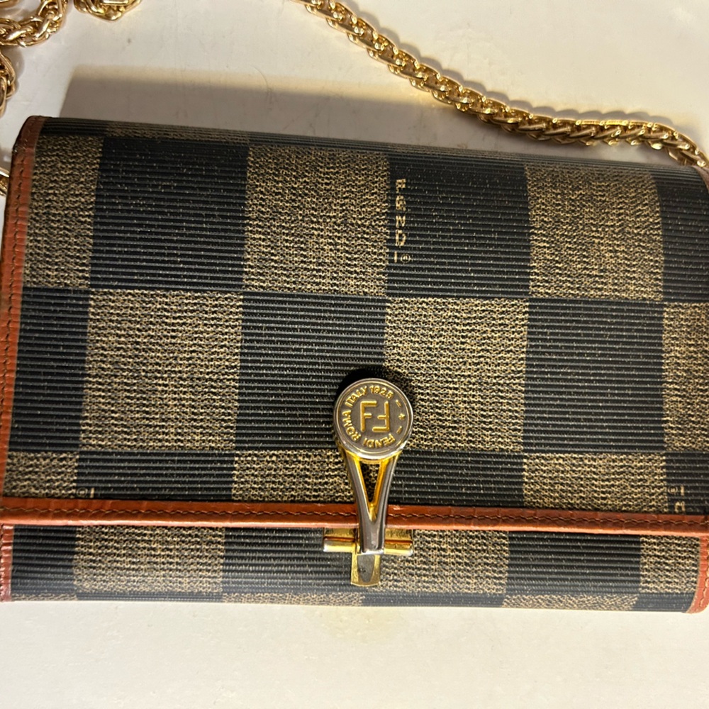 Fendi vintage trifold wallet gold accents flap closure w added gold chain
